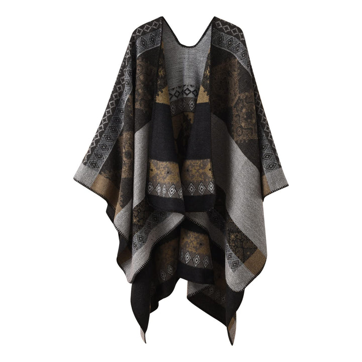 Sisifa Damen Boho Pullover Poncho Schal Wrap Cape Mantel Winter Herbst Vintage Print Stricken vorne