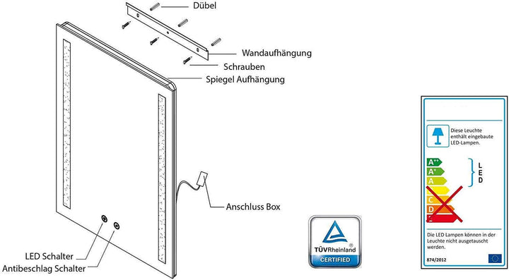 SGSpiegel Badspiegel mit Antibeschlag Heizung und seitlicher LED Beleuchtung, Badezimmerspiegel 70x5
