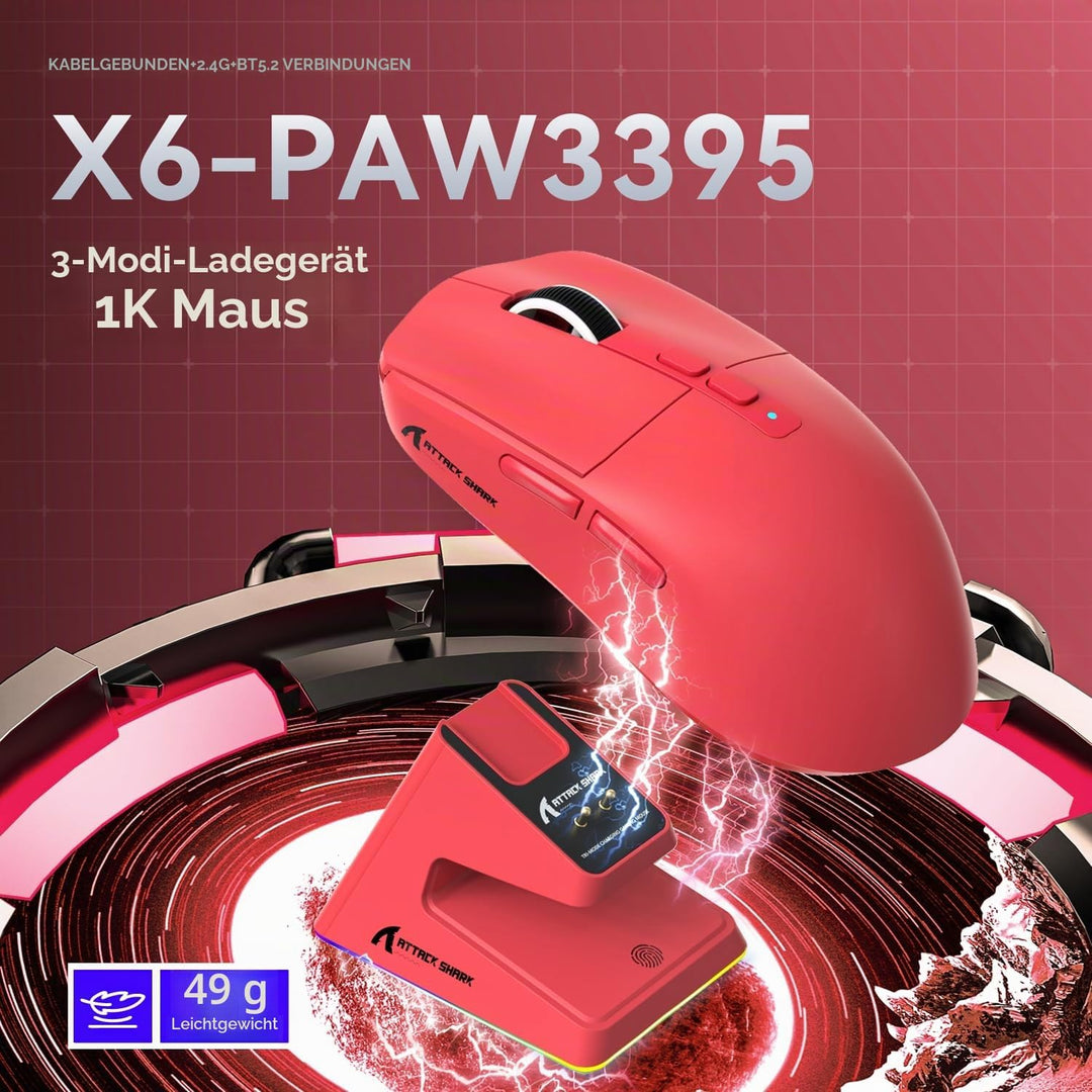 ATTACK SHARK X6 49g Superlight Mouse with Magnetic Charging Dock, PixArt PAW3395 Gaming Sensor, BT/2