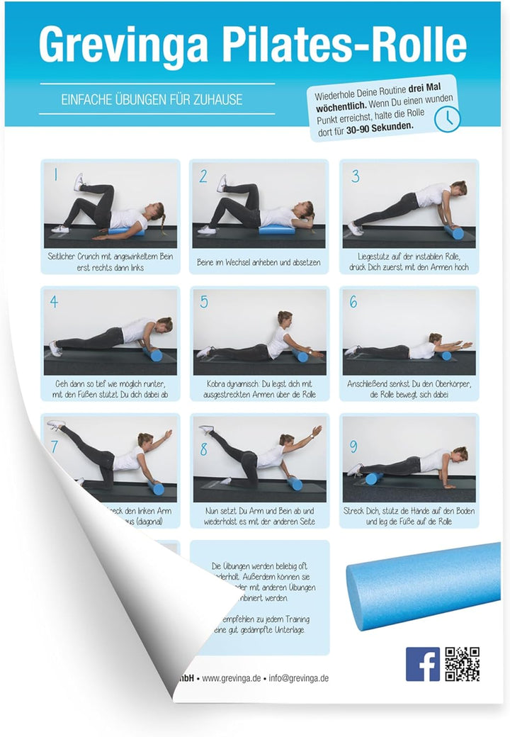Grevinga® Pilates Rolle/Yoga Rolle in blau | 90cm lang | Durchmesser 15cm | hart | inkl. Übungsposte