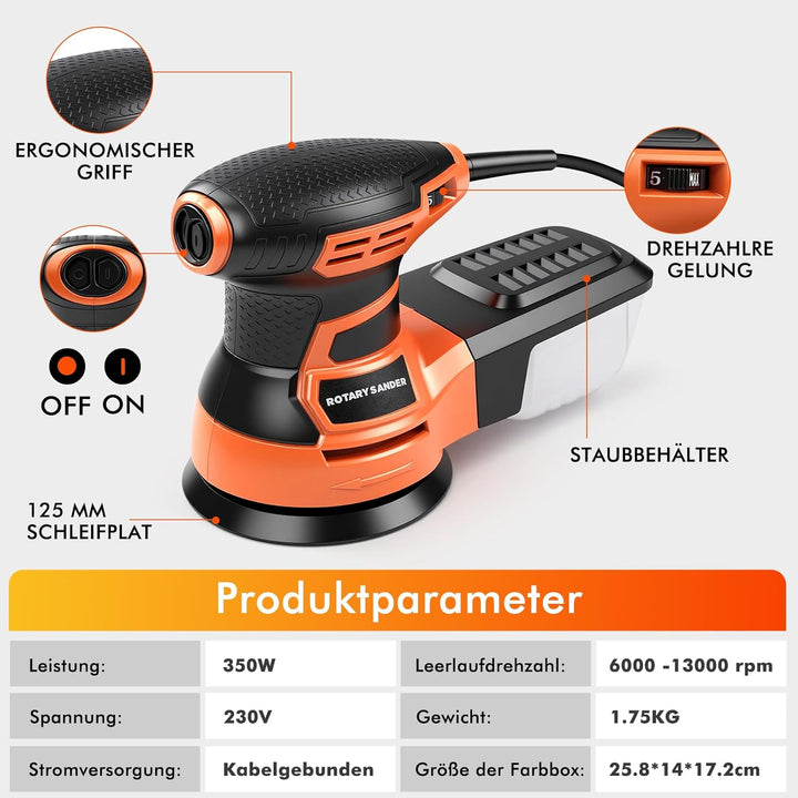 Exzenterschleifer 125mm, 350W Schleifmaschine, 6 Geschwindigkeiten 6000-13000 U/min, Multischleifer