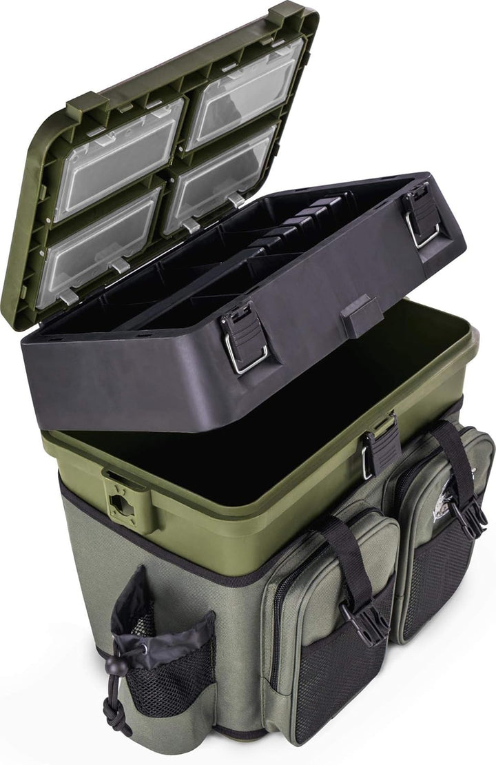 Angelkoffer Angelbox Angeltasche gepolsterte Sitzkiepe Sitzfunktion Gerätekasten mit Rucksackfunktio