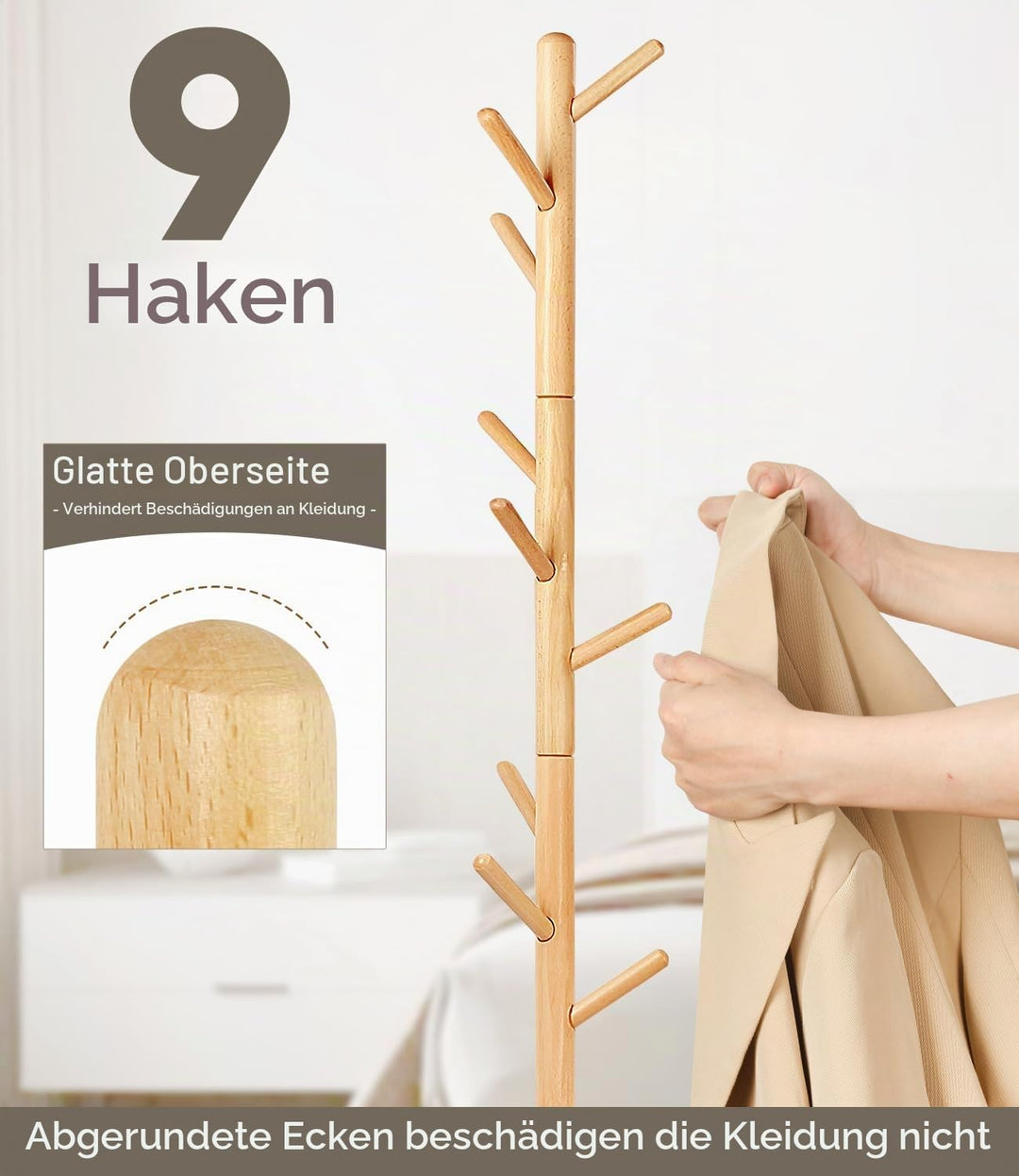 Garderobenständer, Kleiderständer aus Buchenholz Massivholz in Baumform für Kleidung, 9 Haken, 185 x
