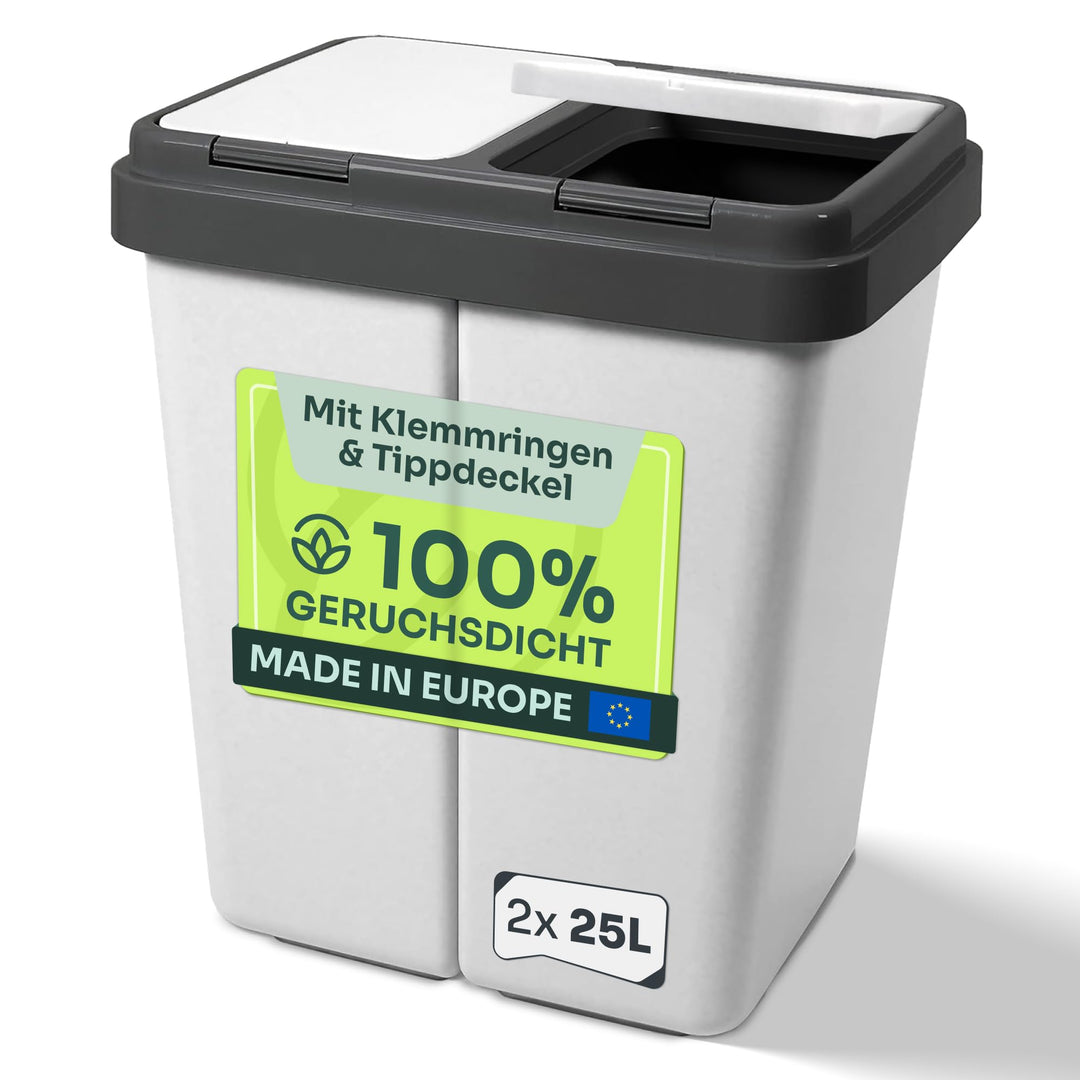 Duo Mülleimer inkl. 2 Ersatzfedern 2x25L Kunststoff Eimer mit Deckel geruchsdichter Abfalleimer, Mül