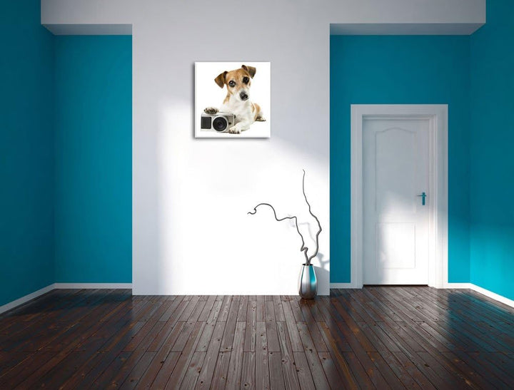 Pixxprint Niedlicher Hundewelpe mit Kamera als Leinwandbild/Grösse: 70x70 cm/Wandbild/Kunstdruck/fer