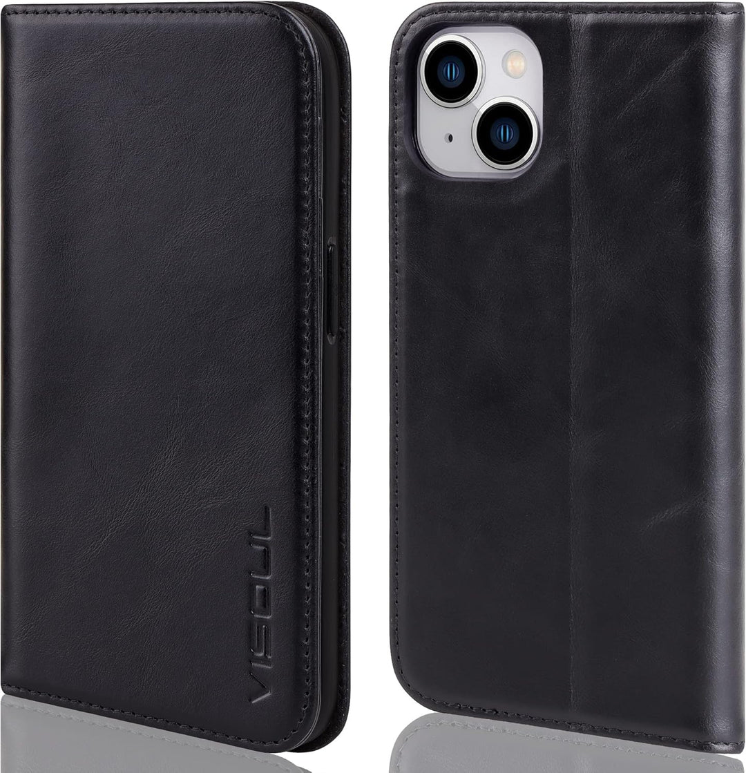 VISOUL Hülle für iPhone 14, Schutzhülle [Erstklassiges Rindsleder] [Schützt vor Stoss] [Kartenfach]