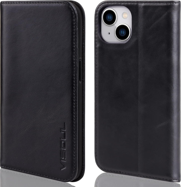 VISOUL Hülle für iPhone 14, Schutzhülle [Erstklassiges Rindsleder] [Schützt vor Stoss] [Kartenfach]