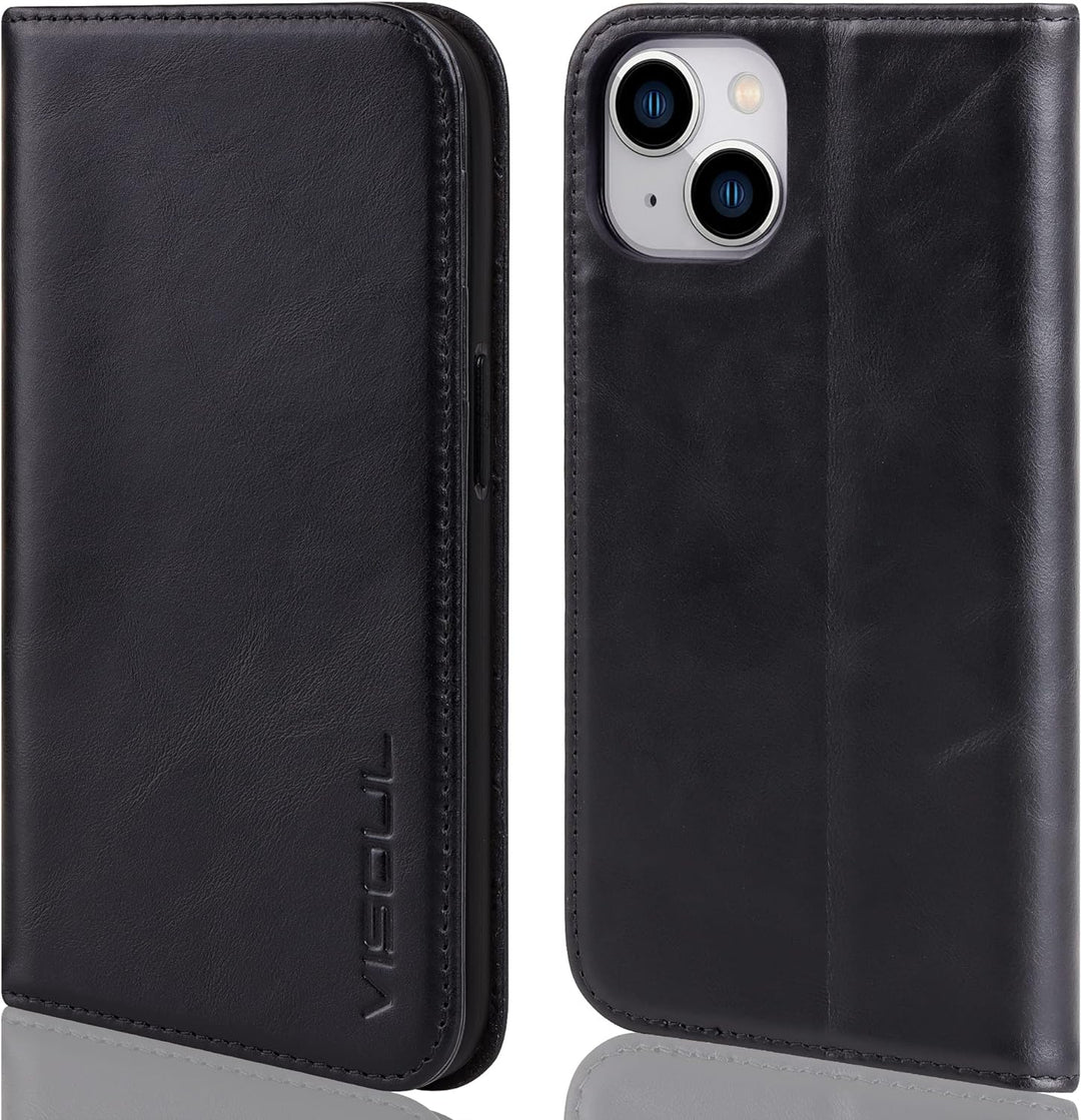 VISOUL iPhone 14 Plus Hülle, Stossfeste Handyhülle [Erstklassiges Rindsleder], TPU Schutzhülle [Kart