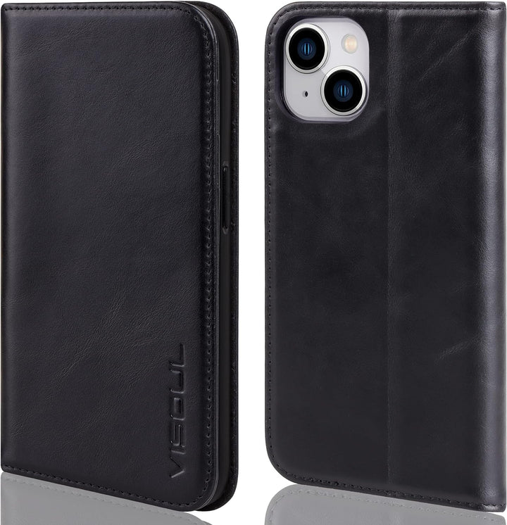 VISOUL iPhone 14 Plus Hülle, Stossfeste Handyhülle [Erstklassiges Rindsleder], TPU Schutzhülle [Kart