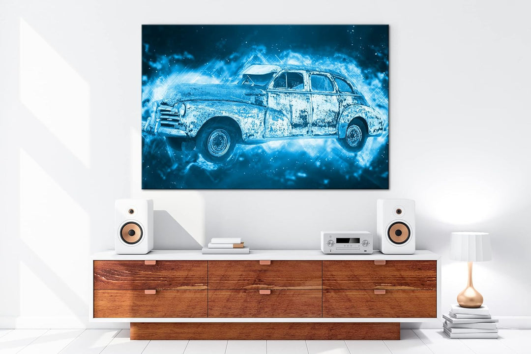 deyoli alter verrosteter Oldtimer Format 100x70 Effekt: Monocrome Blau als Leinwandbild, Motiv ferti