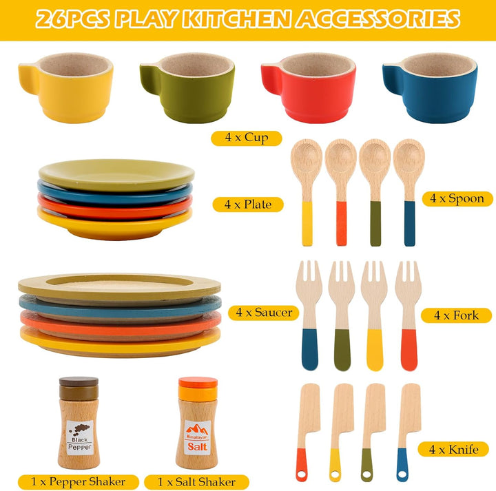 26PCS Holzgeschirr Sett, Kinderküche Zubehör, Spielküche Geschirr für Kinder, Küche Zubehör Kinder,