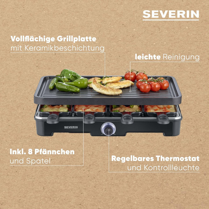 SEVERIN Raclette-Grill, Raclette mit grosser Grillplatte, Keramik- & Antihaftbeschichtung, 8 Raclett
