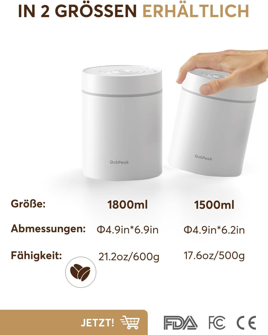 OUTPEAK 2026 Kilo Auto Vakuum Kaffeedose 1,8L für 601.0 g Kaffeebohnen Ein-Knopf-Bedienung Edelstahl