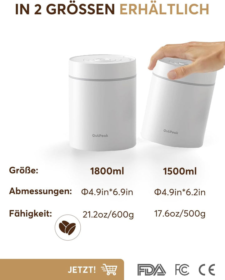 OUTPEAK 2026 Kilo Auto Vakuum Kaffeedose 1,8L für 601.0 g Kaffeebohnen Ein-Knopf-Bedienung Edelstahl