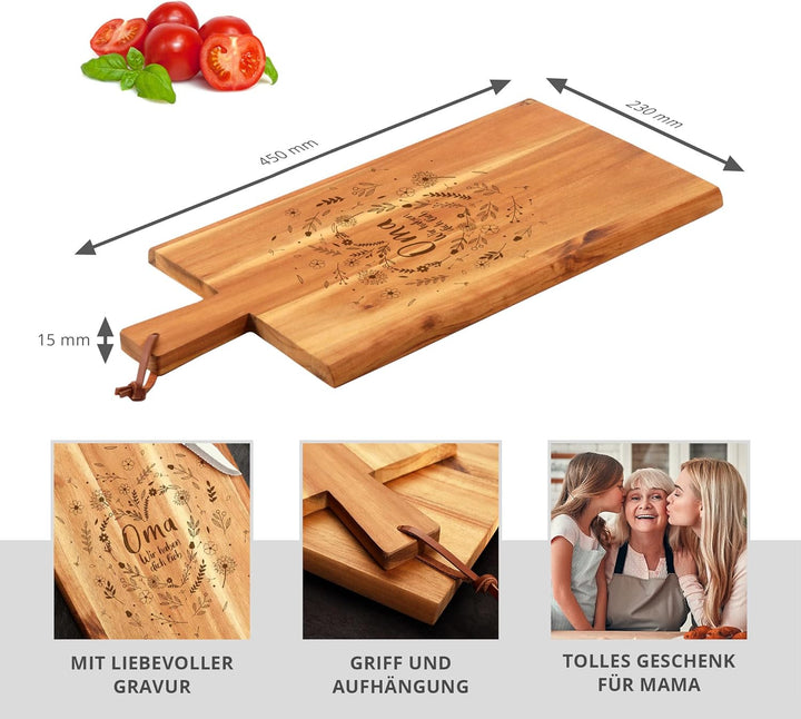 Holz Schneidebrett mit Griff für Oma, Frühstücksbrettchen mit Blumenherz Gravur, Geschenk für Oma zu