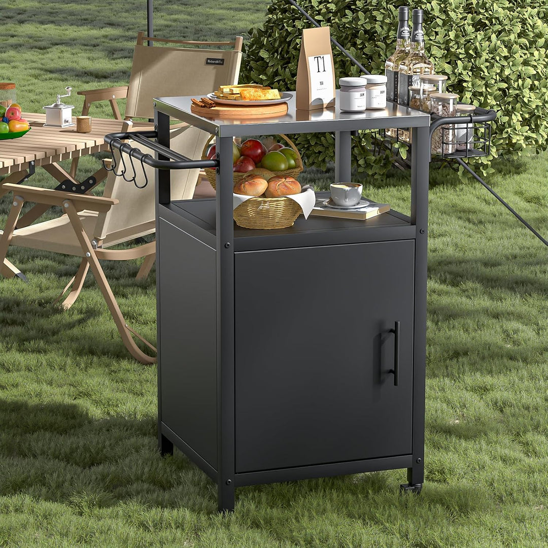 Edelstahl Grillwagen 3-Etagen, Grilltisch Outdoor mit Schrank, Outdoorküche mit 2 Rollen, 4 Haken &