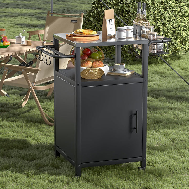 Edelstahl Grillwagen 3-Etagen, Grilltisch Outdoor mit Schrank, Outdoorküche mit 2 Rollen, 4 Haken &