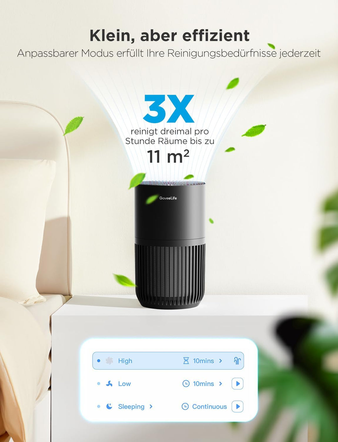 GoveeLife Mini-Luftreiniger fürs Schlafzimmer, intellig. HEPA-Filter mit Alexa-App-Steuerung gegen T