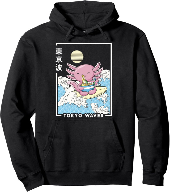 Axolotl Eating Ramen Japanische Wellen Kinder Kawaii Ästhetik Pullover Hoodie
