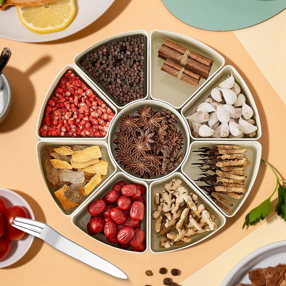 Snackbox mit Fächern, Rund Grosse Snackdose mit 9 Fächern, Deckel, Griff, 4 Gabel, Snackteller mit D
