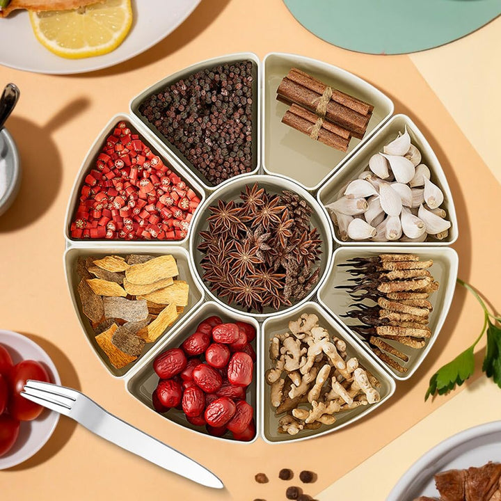 Snackbox mit Fächern, Rund Grosse Snackdose mit 9 Fächern, Deckel, Griff, 4 Gabel, Snackteller mit D