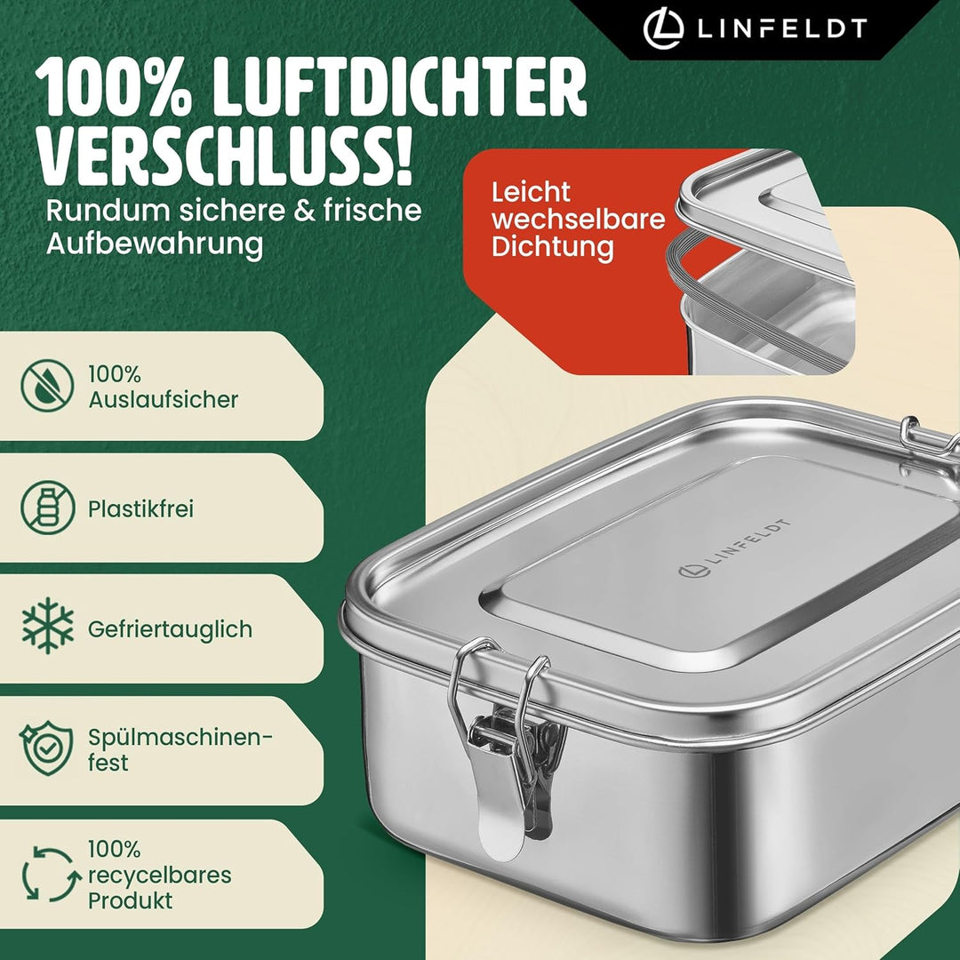 LINFELDT® Brotdose Edelstahl mit Fächern 1400ML - TOP EDELSTAHL BROTDOSE | Lunchbox Edelstahl - Brot