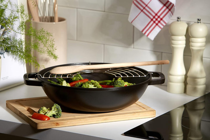 STAUB Wok aus Gusseisen, 30 cm, inkl. Glasdeckel, Induktionsgeeignet, Schwarz