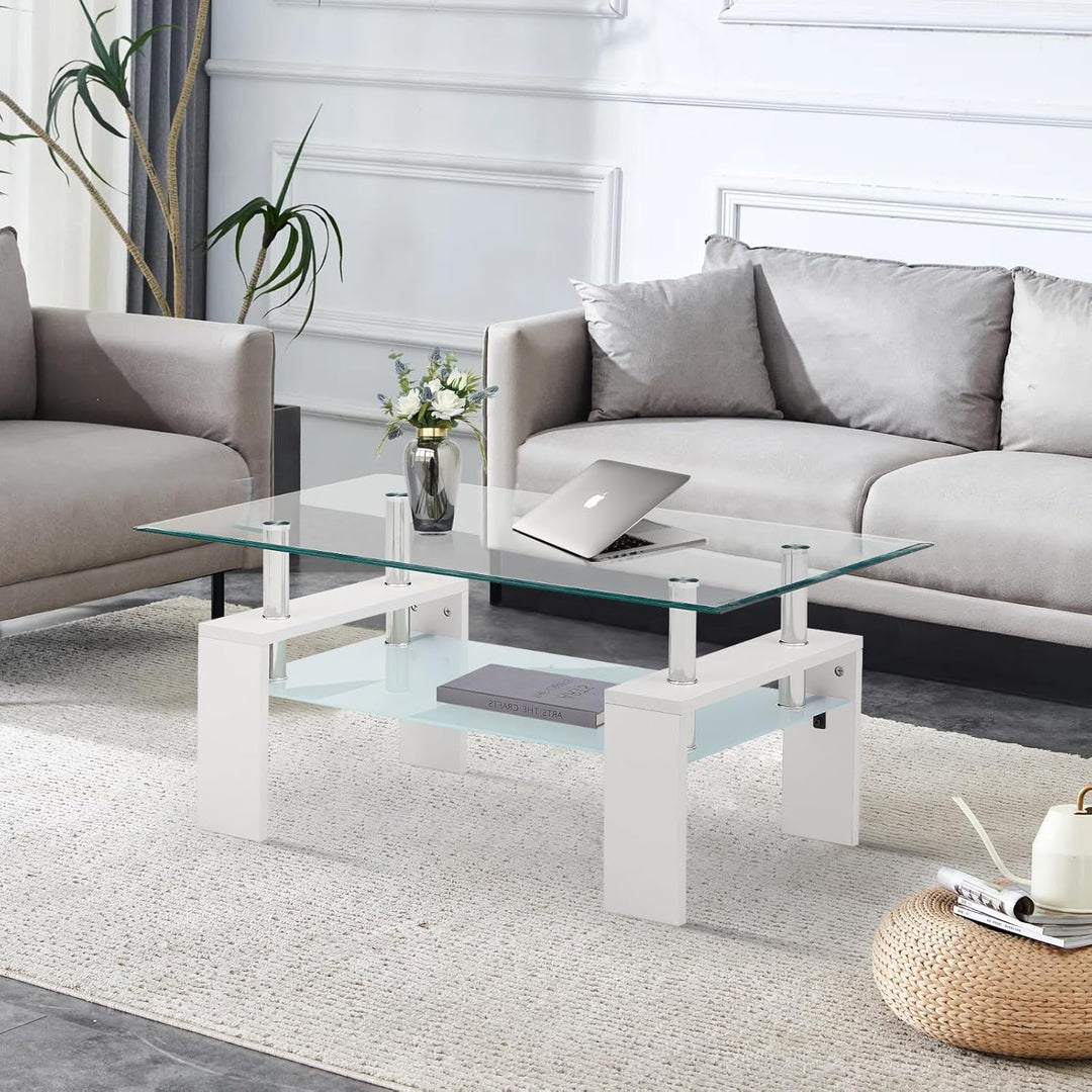 TUKAILAI Couchtisch Glas modern, Rechteckiger Wohnzimmertisch Beistelltisch mit unterer Ablage, Kaff