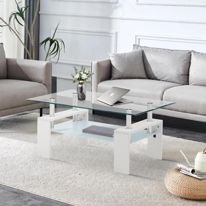 TUKAILAI Couchtisch Glas modern, Rechteckiger Wohnzimmertisch Beistelltisch mit unterer Ablage, Kaff