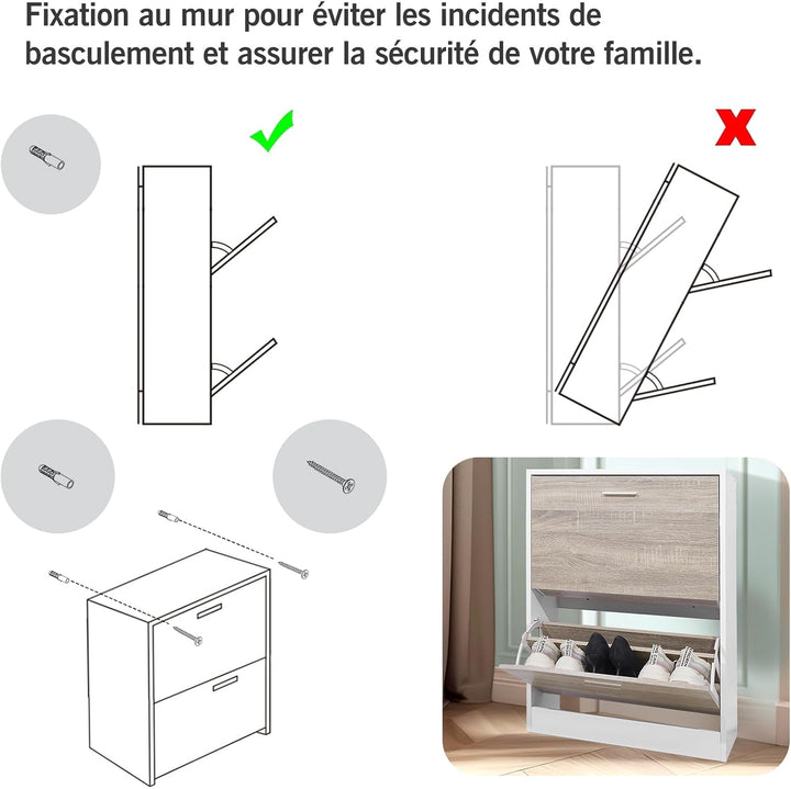 CASABEL Schuhschrank für 12 Paar – grosse Kapazität für Eingangsbereich – L 60 x T 24 x H 80 cm – Tü