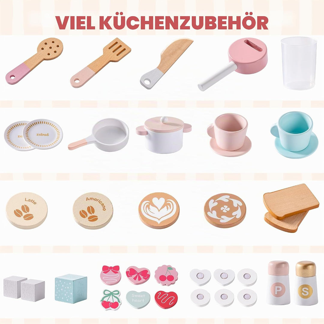 ROBUD Kinder Spielküche aus Holz, Kinder Spielzeugküche Spielset mit Brotmaschine, Ofen mit Kuchen,