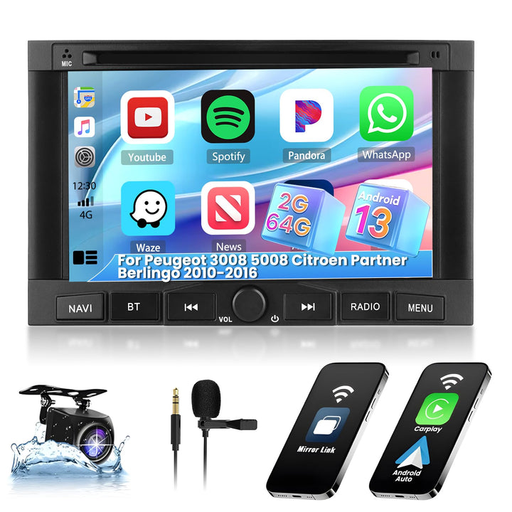 Hikity 2G 64G Autoradio Android 13 Für Peugeot 3008 5008 Partner Citroen Berlingo 2010-2016 mit Wire