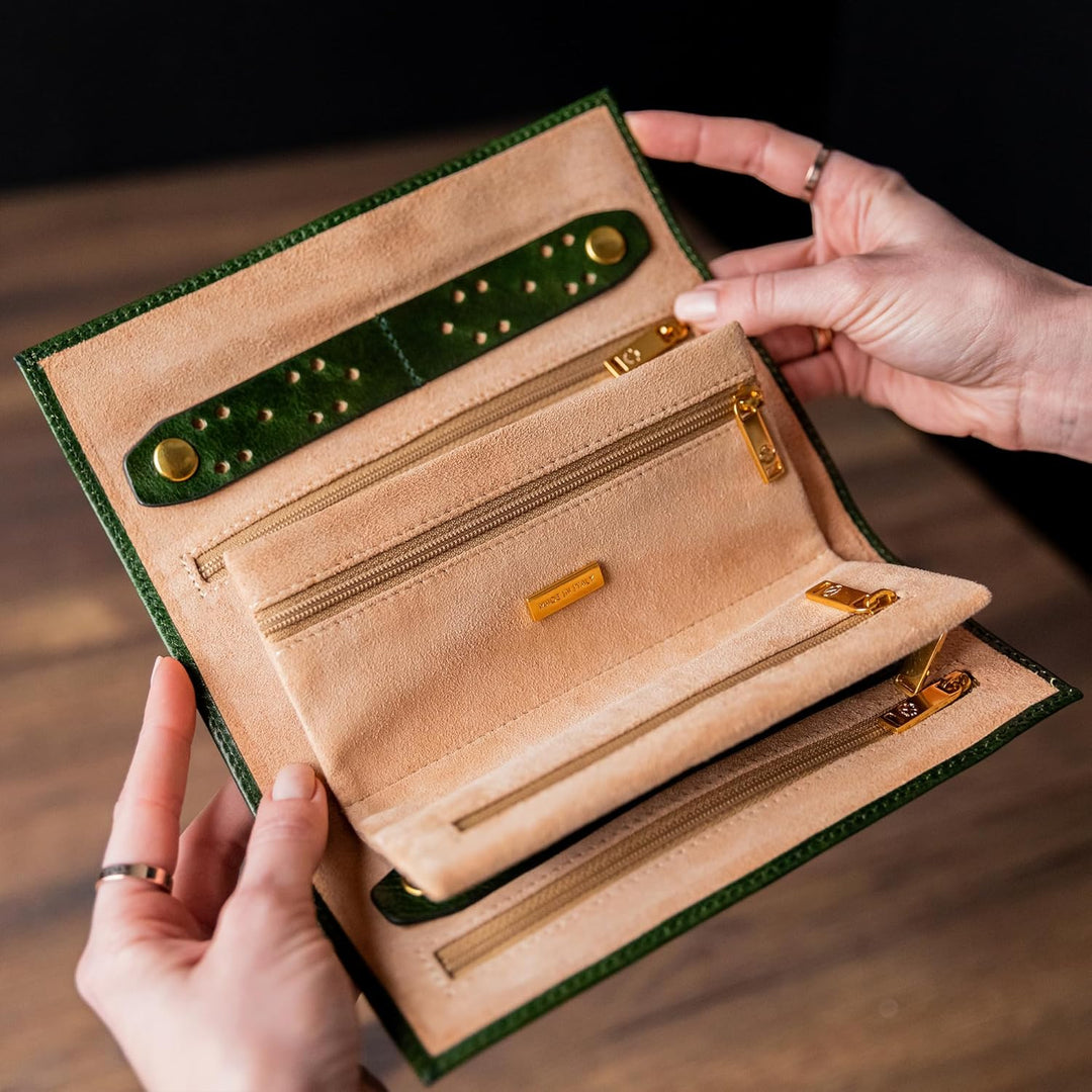 Time Resistance Grün Leder Schmuck Organizer – 100% Leder Schmuckrolle für Reisen Hergestellt in Ita