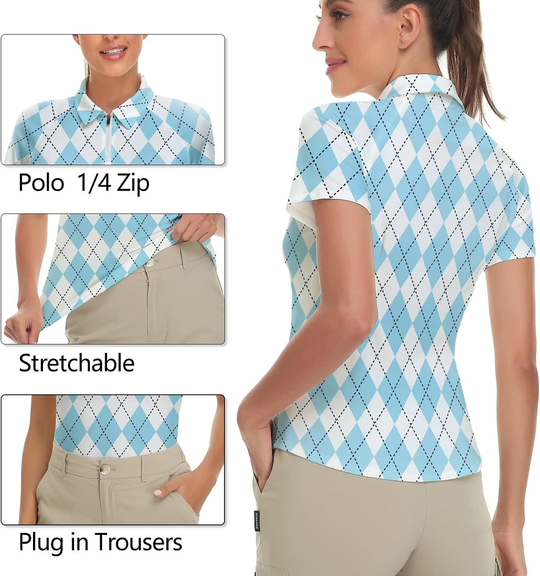 Soneven Atmungsaktiv Poloshirt Damen Leichtes Sportshirt Tailliert Karierte Bluse UPF 50+ Kurzarm 1/