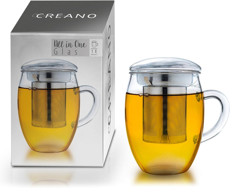 Creano Teeglas all in one 400ml, Grosse Teetasse mit Edelstahlsieb und Deckel aus Glas, Teebereiter