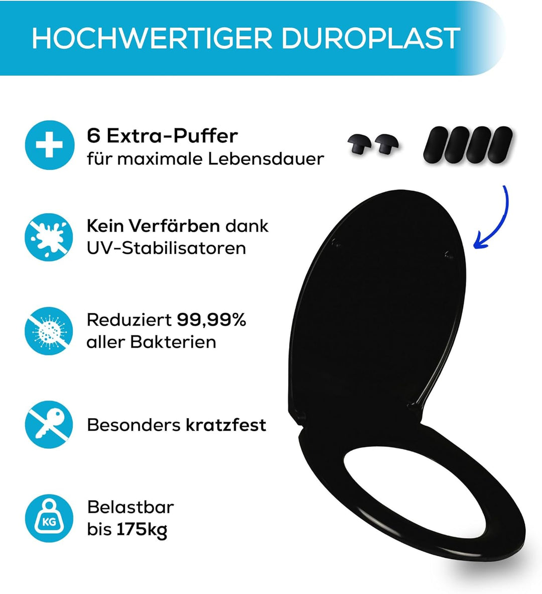Toilettendeckel schwarz mit Absenkautomatik, WC Sitz Oval Duroplast mit Softclose, stabilen Edelstah
