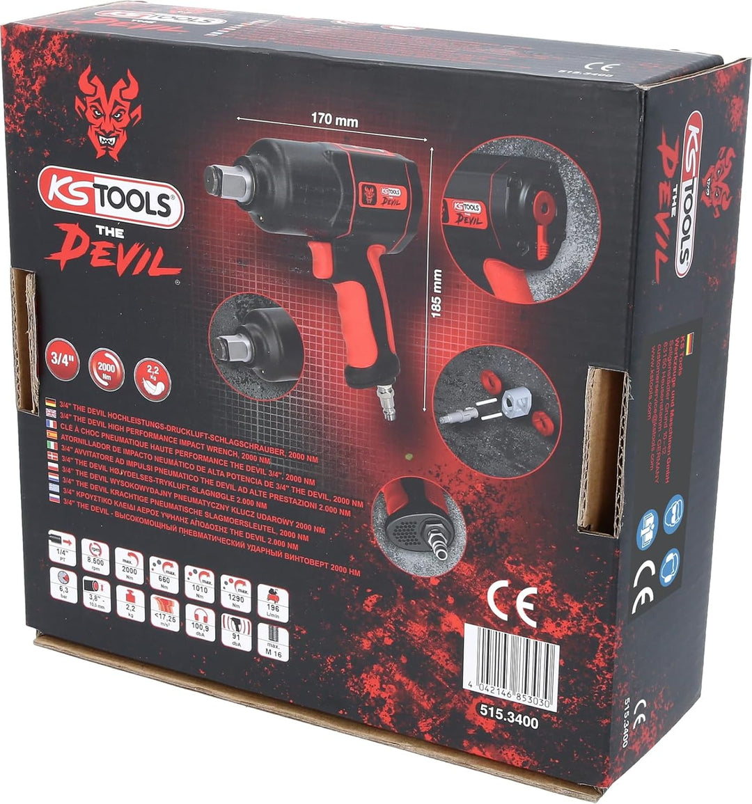 KS Tools 515.3400 3/4" THE DEVIL Hochleistungs-Druckluft-Schlagschrauber, 2000Nm Single, Single
