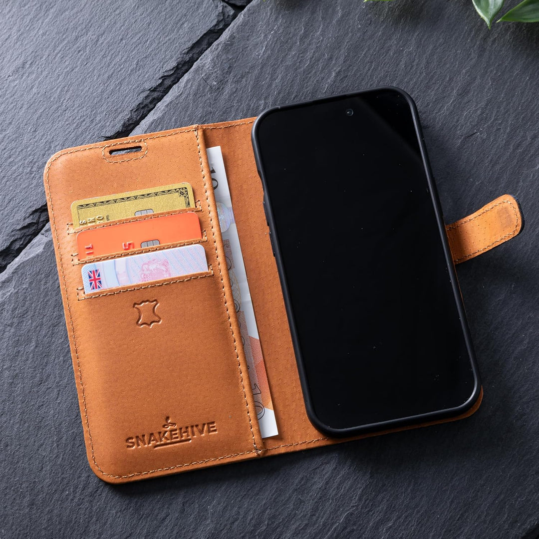 Snakehive Schutzhülle für iPhone 15 - Klapphülle Echte Lederhülle mit Standfunktion - Handmade in Eu