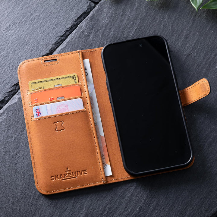 Snakehive Lederhülle für iPhone 15 - Vintage Handyhülle mit Standfunktion und KartenfäChern - Sc