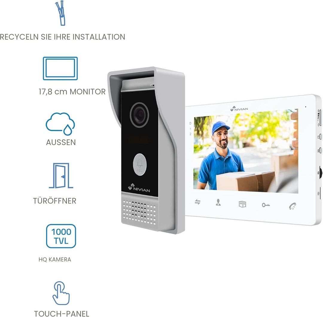 NIVIAN 2-Draht-Video-Türsprechanlage, analog, mit 7-Zoll-Monitor, HQ-Innendisplay mit bidirektionale