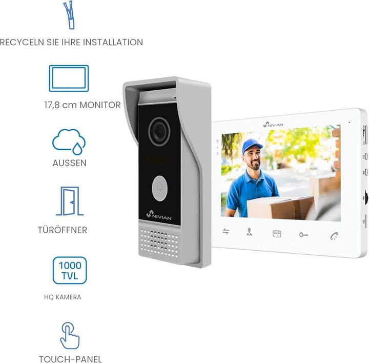 NIVIAN 2-Draht-Video-Türsprechanlage, analog, mit 7-Zoll-Monitor, HQ-Innendisplay mit bidirektionale