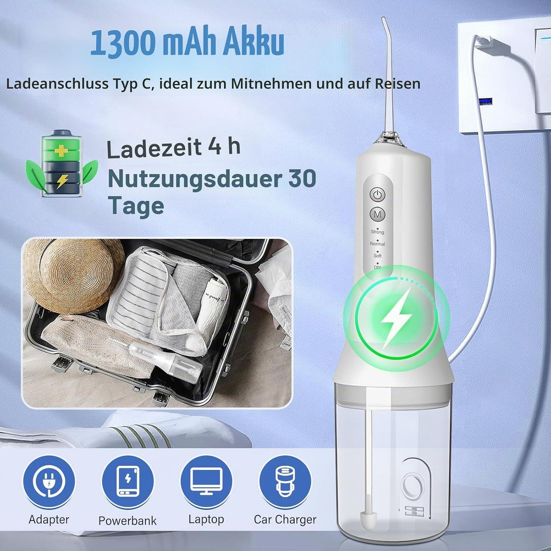 Munddusche Kabellos, Elektrische Zahnreiniger IPX7 Wasserdicht, Zahndusche 4 Modi 4 Düsen, Water Flo
