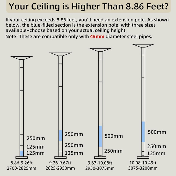 PRIORMAN Stangenverlängerung für Pole Dancing 45mm - 125/250/500mm Tanzstangenverlängerung, Glatte V