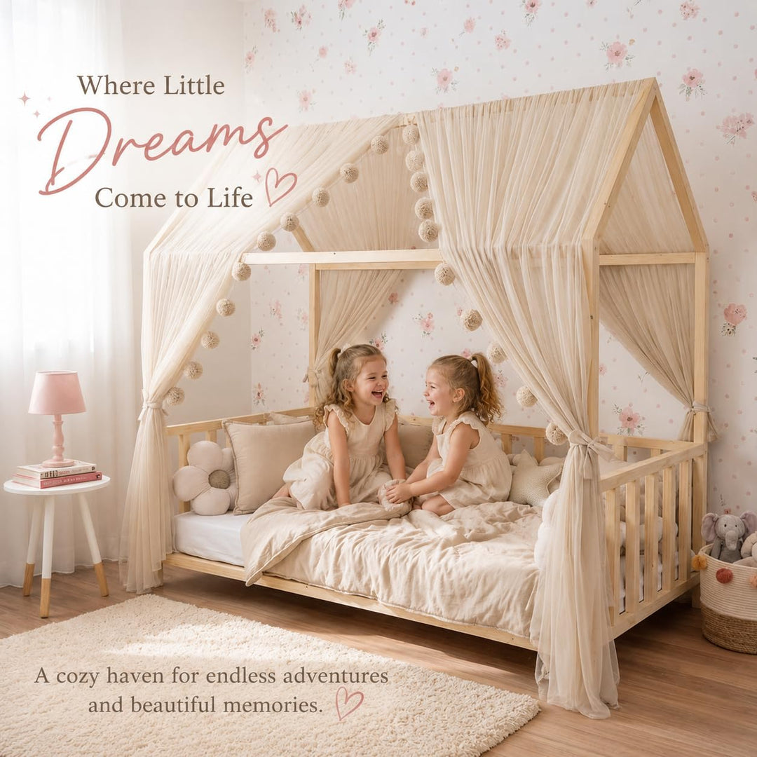 Baby Fancyroom Betthimmel für Hausbett, Bettvorhang aus Tüll, Beige, 2er Set mit Schleifen und Pompo