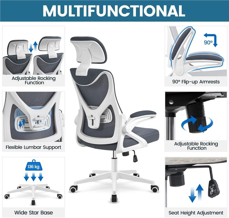 Yaheetech Bürostuhl Ergonomisch, Schreibtischstuhl mit Hochklappbaren Armlehnen, Drehstuhl mit Rücke