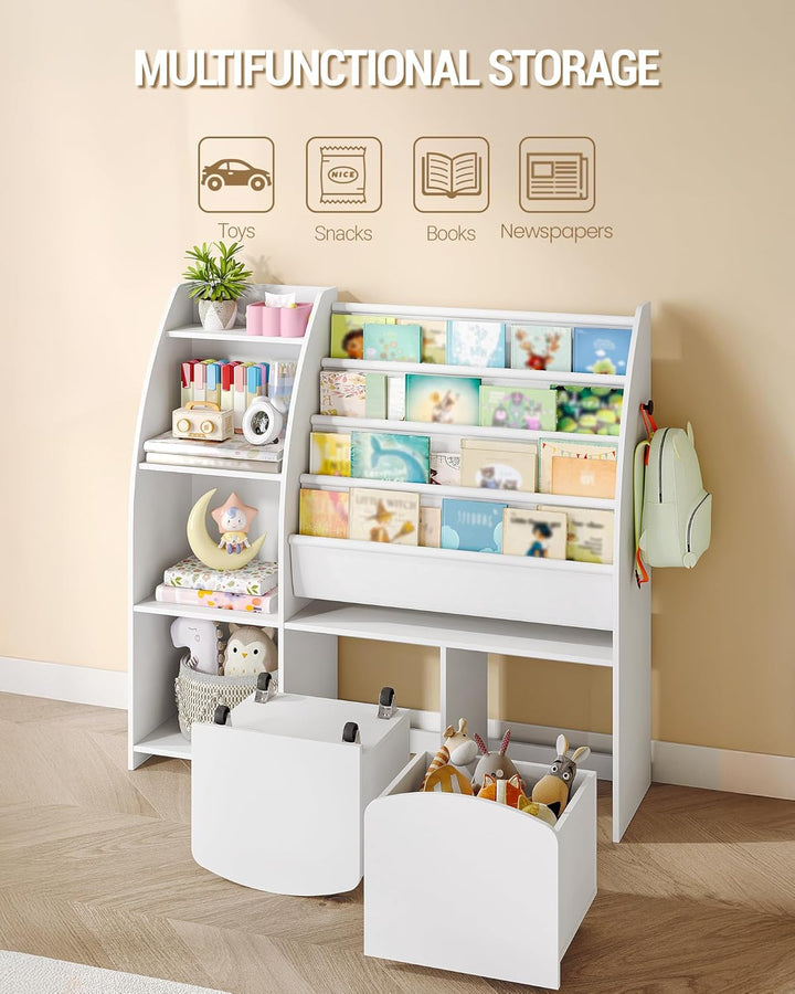 Hzuaneri Kinderregal mit Zeitungsständer, Bücherregal Kinder mit 2 Säulen, 4 Ablagen, Spielzeugregal
