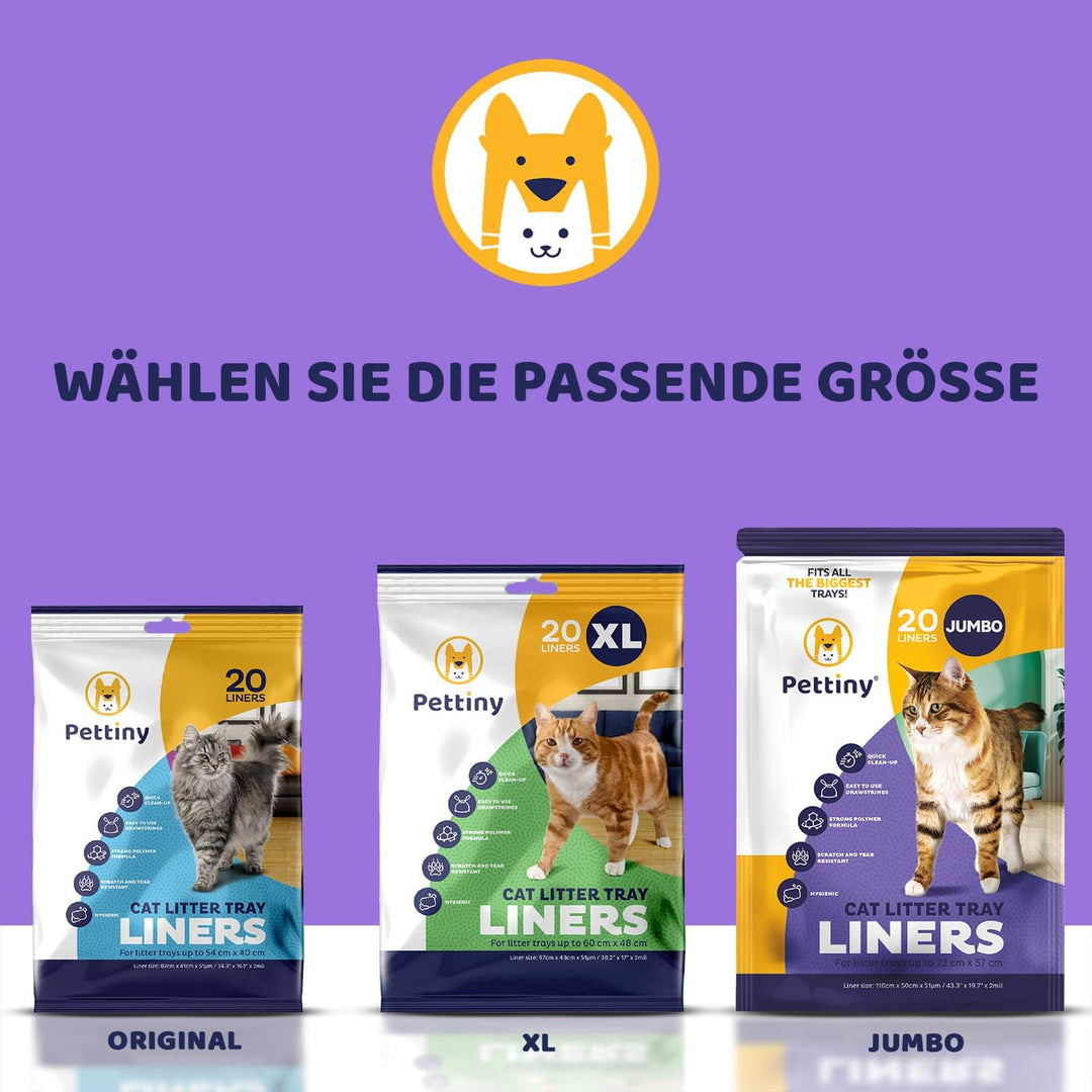 Pettiny Jumbo Katzentoilettenbeutel mit Zugbändern – 20er Pack Kratzfeste Tüten für Riesige Katzento