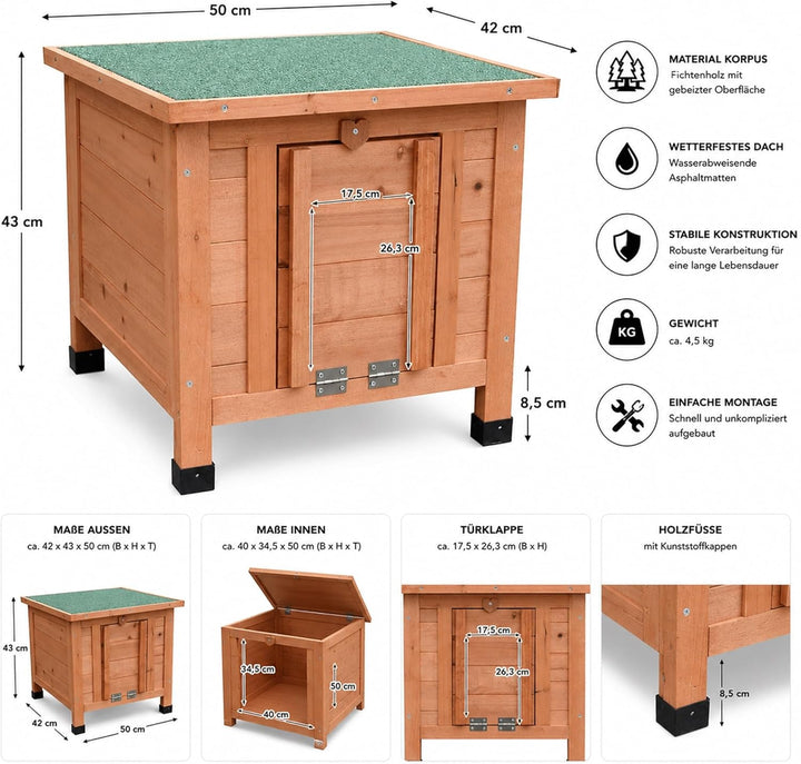 Mucola Wetterfestes Holz Katzenhaus Outdoor | 42x43x50 cm Tierhaus mit Klappdach, Rampe, Fichtenholz