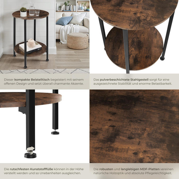 tectake Beistelltisch rund aus Holz und Metall, Industrie-Design, Couchtisch mit 2 Ablagen, für Wohn