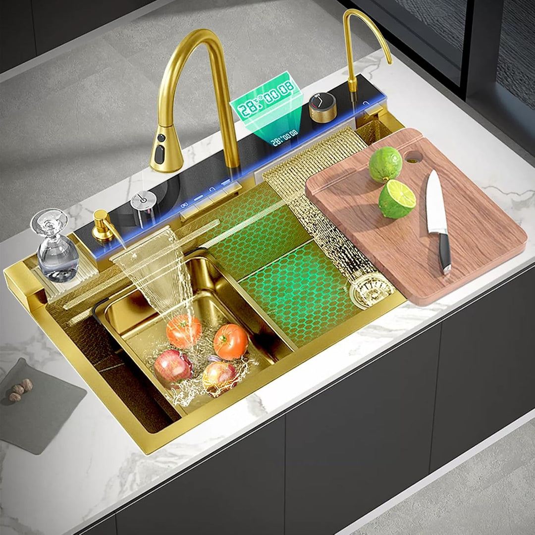Multifunktionale Digitale Küchenspüle, Wasserfallspüle aus Edelstahl 304, mit 5 Wasserauslassmodi, W